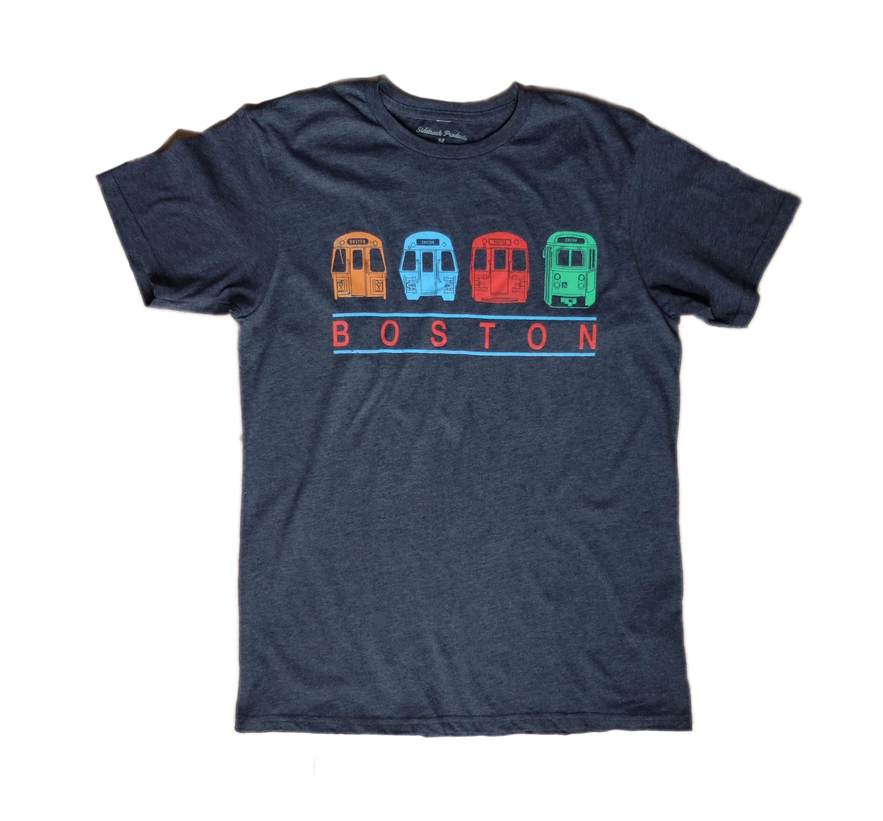 Adult Boston Subway Trains Chest Banner T-shirt - Heather Navy